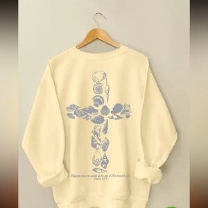 NIB Cream Sweatshirt with Blue Seashell Cross and Bible Verse Design